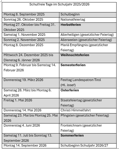 Schulfreie Tage