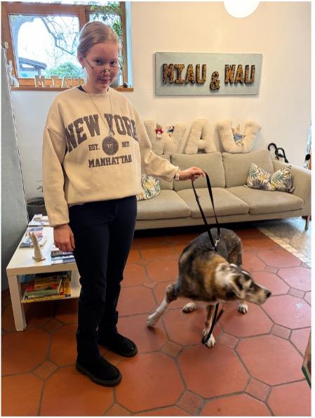 Jugendliche steht mit einem Hund in der Tierarztpraxis
